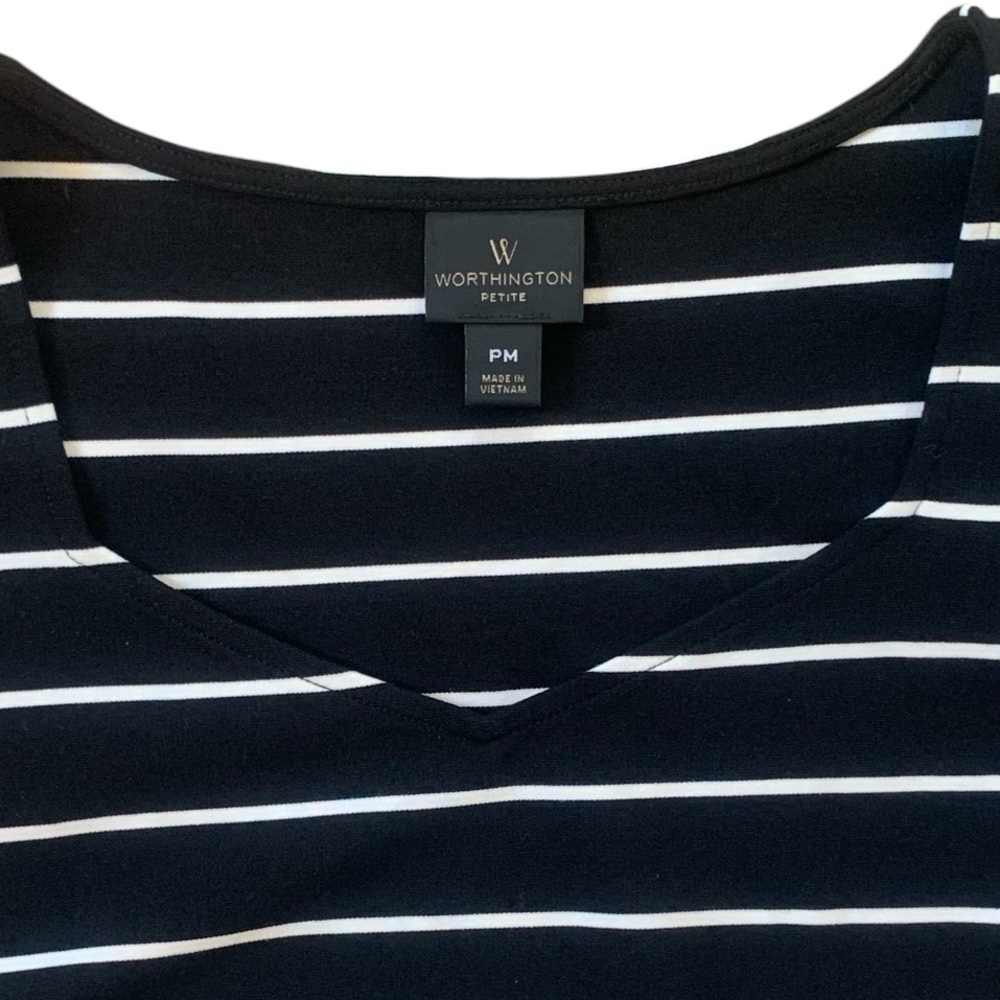 Worthington Petite Black White Striped Sweetheart Neck Puff Sleeve Top PM - Picture 5 of 8